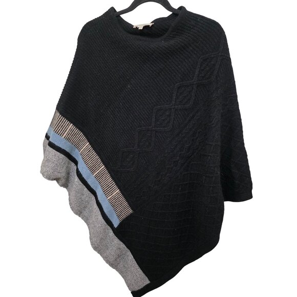 Black Asymmetrical Knit Poncho With Textured Patterns Striped 100% Cashmere - Picture 1 of 12